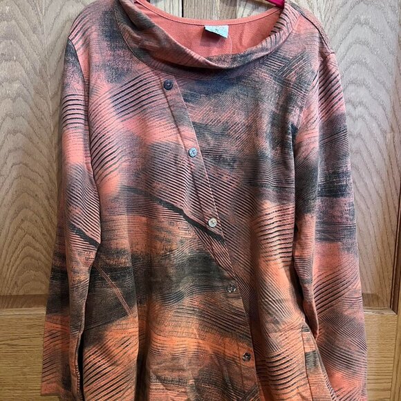 NWT Color Me Cotton Orange and Black Patterned Button-Up Sweater w a Cowl Neck - Picture 2 of 4